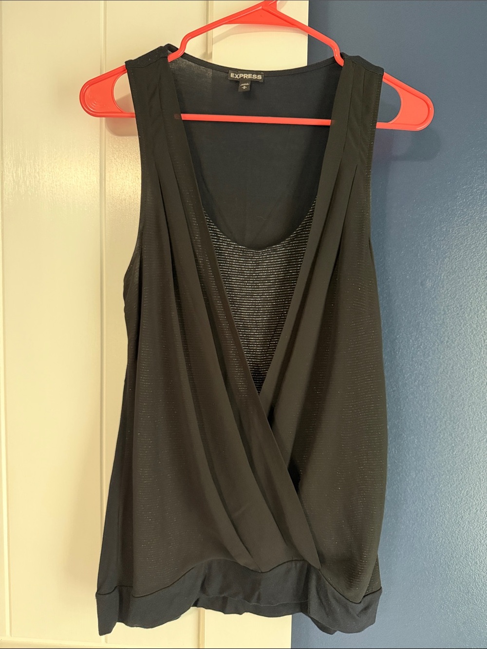 Express Black Draped Surplice Tank with Shimmer Layer